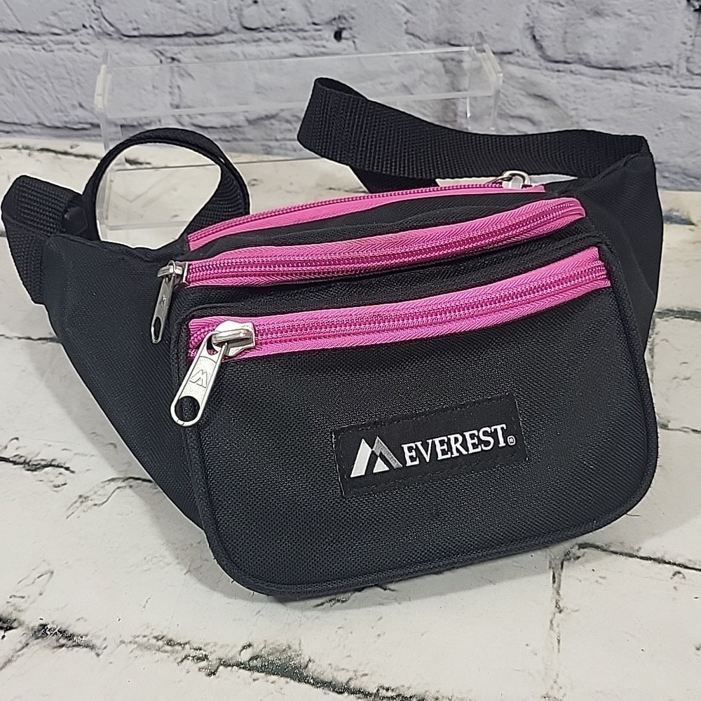 Vintage Everest Fannypack Adventure Hiking Waist Hip Bum Bag Black Pink 3-Pocket